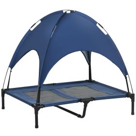 Elevated Dog Bed with Canopy, Portable Raised Dog Cot for L Sized Dogs, Indoor & Outdoor, 36" x 30" x 35", Dark Blue