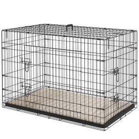 41" Dog Crate with 2 Doors, Folding Metal Dog Cage with Soft Cushion, Removable Tray, Handle, for Small Dogs, Black