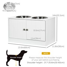 Large Dog Elevated Bowls with Stand Pet Feeding Station 2 Stainless Steel Food And Water Bowls White Storage Space 23.6'' X 11.8'' X 14''