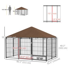 Outdoor Dog Kennel with Canopy 6.9' X 4.6' X 5' Rotating Bowls Coffee